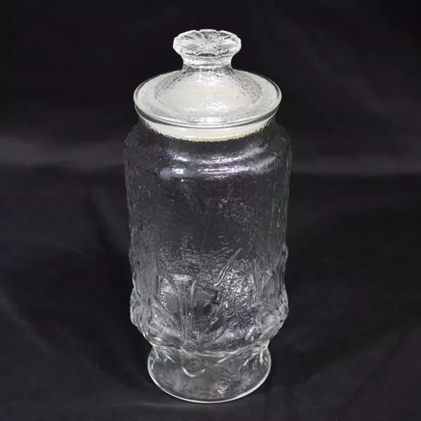 Vintage Anchor Hocking Rainflower Clear Glass Embossed Storage Jar With Lid