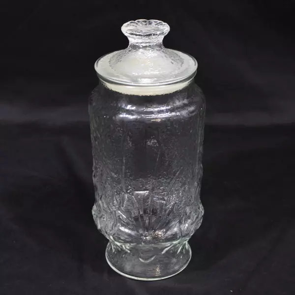 Vintage Anchor Hocking Rainflower Clear Glass Embossed Storage Jar With Lid
