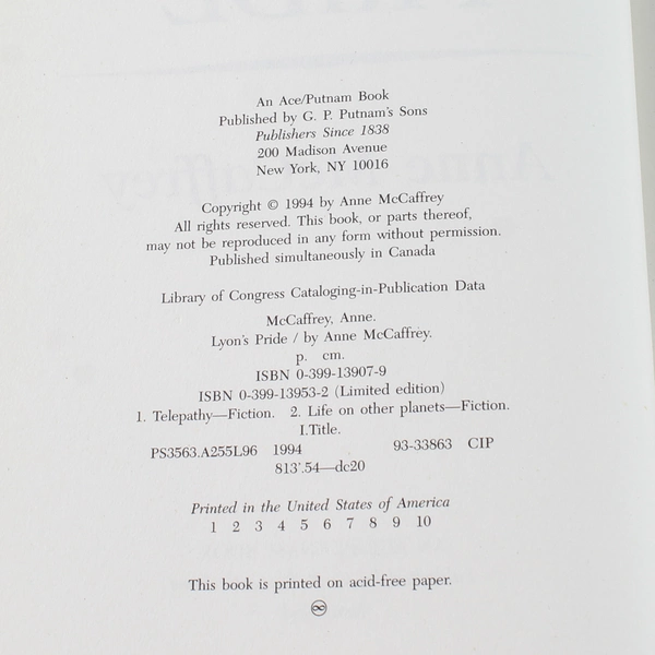 Lyon's Pride by Anne McCaffrey 1994 Hardcover G.P. Putnam's Sons - Good
