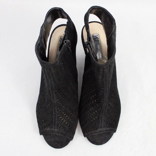 International Concept 8M Ranae Peep Toe Wedge Black Leather/Suede Zip