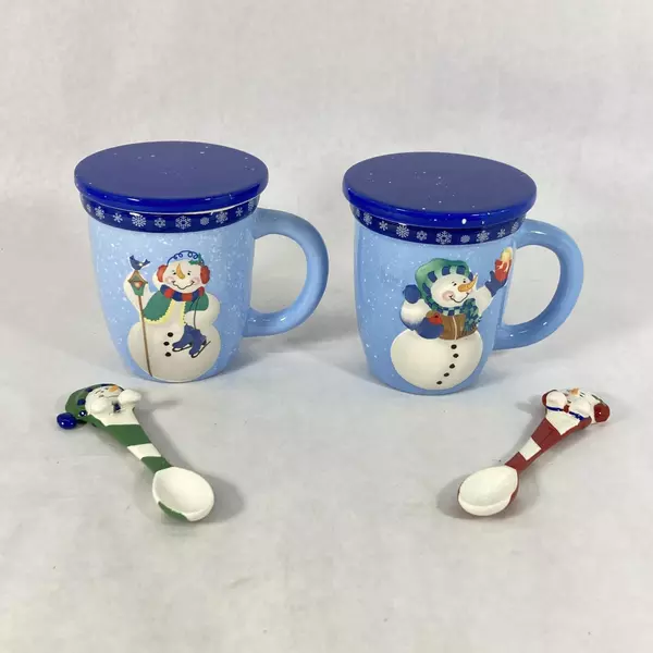 Set of 2 WMG Ceramic Snowman Christmas Mug Coaster And Spoon sets