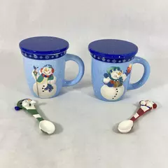 Set of 2 WMG Ceramic Snowman Christmas Mug Coaster And Spoon sets