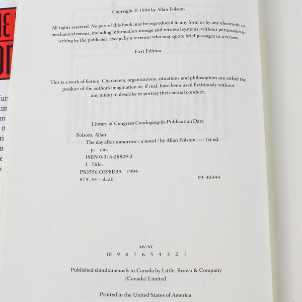 The Day After Tomorrow by Allan Folsom 1994 Hardcover Good Condition