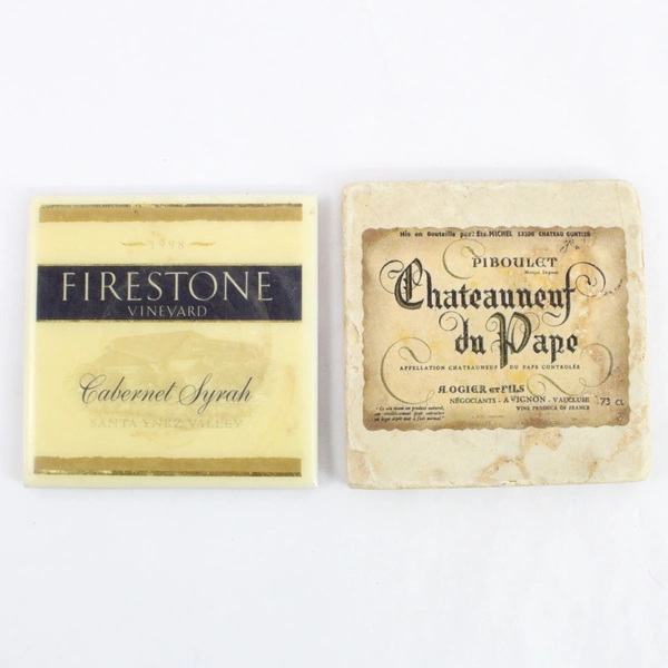 Lot of 2 Vineyard Coasters Natural Stone & Ceramic Coasters 3.75" x 3.75"