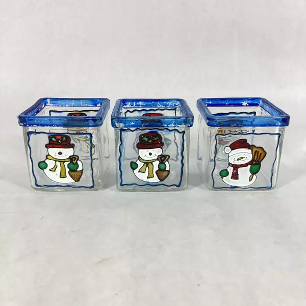 Set of 3 Square Glass Snowman Tealight or Votive Candle Holders