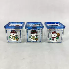 Set of 3 Square Glass Snowman Tealight or Votive Candle Holders