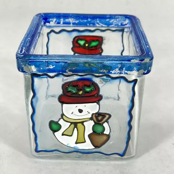 Set of 3 Square Glass Snowman Tealight or Votive Candle Holders