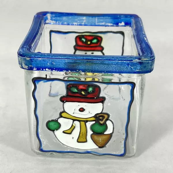 Set of 3 Square Glass Snowman Tealight or Votive Candle Holders