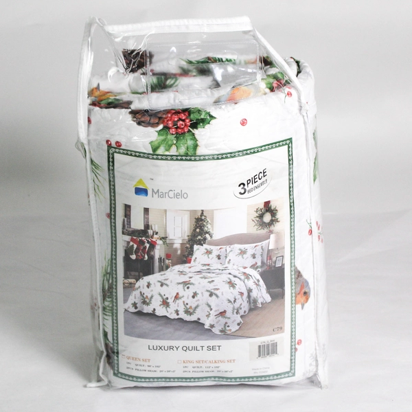 MarCielo Queen Quilt 3 Piece Set Winter Theme Holly Robin Cardinal Pinecone