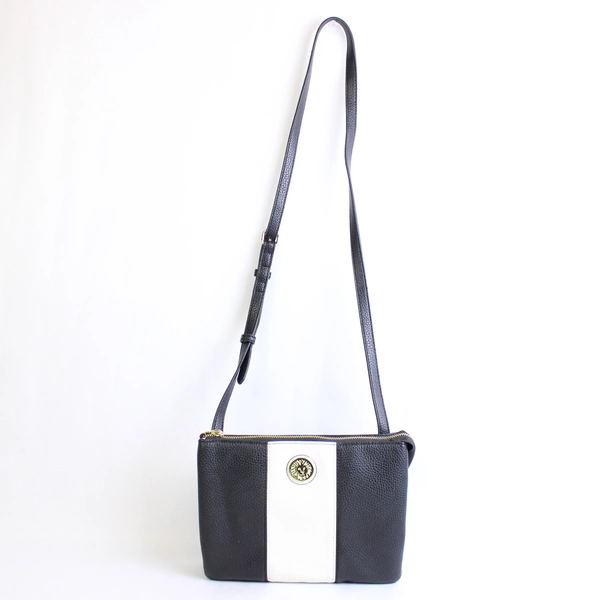 Anne Klein Small Black White Faux Leather Crossbody Purse Gold-Tone Hardware Bag