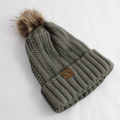 C.C Gray Acrylic Knit Beanie With Faux Fur Pom Women's