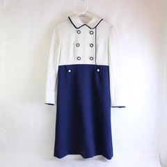 Vintage Vogue Paris Navy Blue White Midi Dress Women's Large Flawed