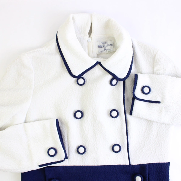 Vintage Vogue Paris Navy Blue White Midi Dress Women's Large Flawed