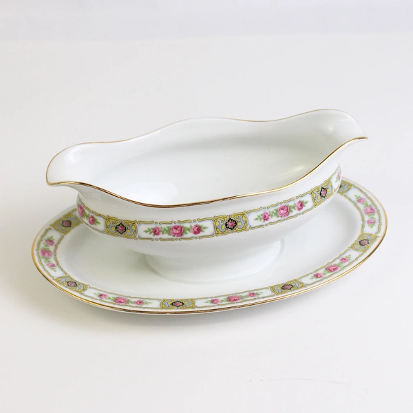 Antique PMR Jaeger And Co Gravy Boat with Under Plate 5309 Pink Roses Design
