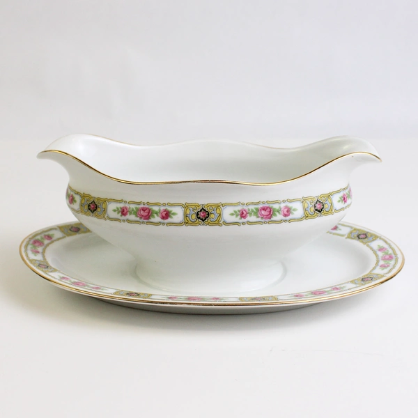 Antique PMR Jaeger And Co Gravy Boat with Under Plate 5309 Pink Roses Design