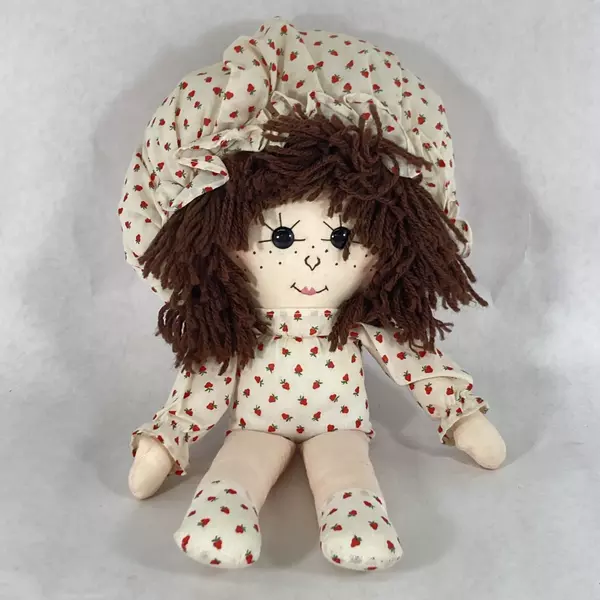 Vintage Handmade Cloth Doll 15 Inch Strawberry Pattern Clothes