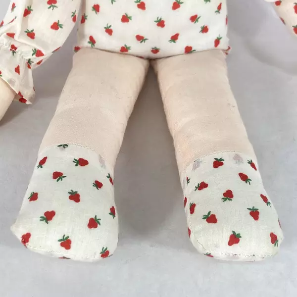 Vintage Handmade Cloth Doll 15 Inch Strawberry Pattern Clothes