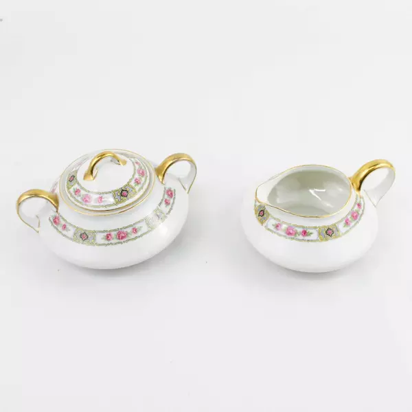 Antique PMR Bavaria Jaeger And Co Creamer And Sugar Set Pink Roses Gold Trim