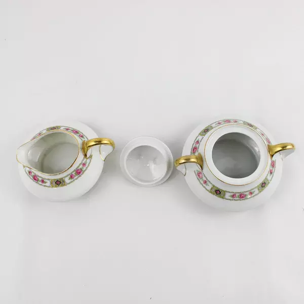 Antique PMR Bavaria Jaeger And Co Creamer And Sugar Set Pink Roses Gold Trim