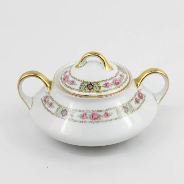 Antique PMR Bavaria Jaeger And Co Creamer And Sugar Set Pink Roses Gold Trim