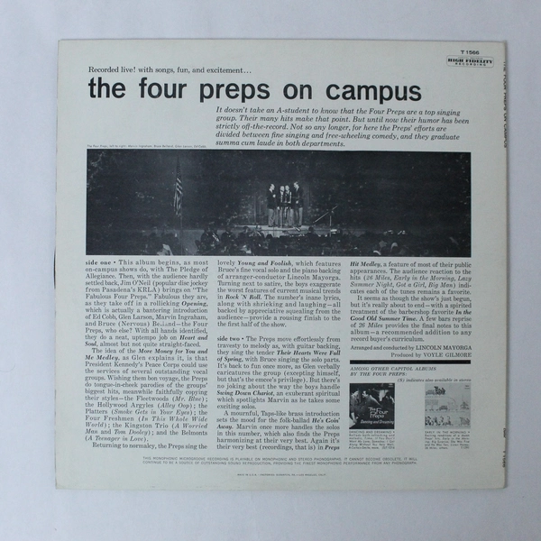 The Four Preps On Campus Vinyl LP Album Capitol T 1566 Pre-Owned Record
