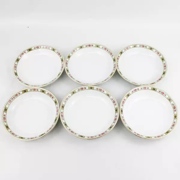 6 Antique PMR Bavaria Jaeger & Co Cereal Bowls Pink Roses Gold Trim Set