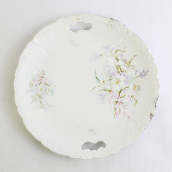 Vintage White Cake Plate 10" Purple Floral Double Handles Scalloped Edge