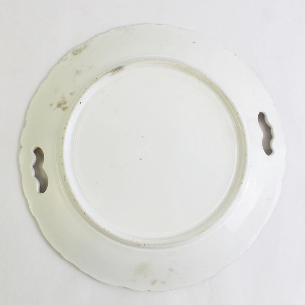 Vintage White Cake Plate 10" Purple Floral Double Handles Scalloped Edge