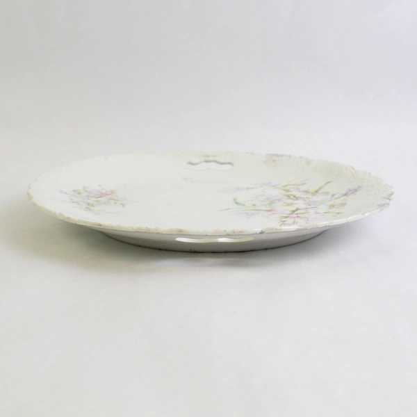 Vintage White Cake Plate 10" Purple Floral Double Handles Scalloped Edge