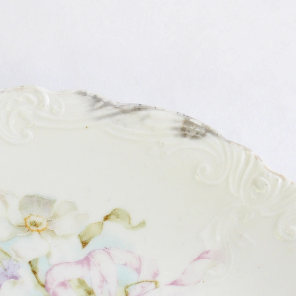 Vintage White Cake Plate 10" Purple Floral Double Handles Scalloped Edge