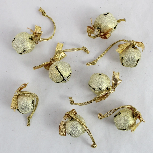 Set Of 8 Gold Glitter Metal Christmas Jingle Bells