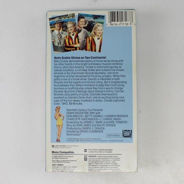 Down Argentine Way VHS 1989 Key Video Betty Grable 1940