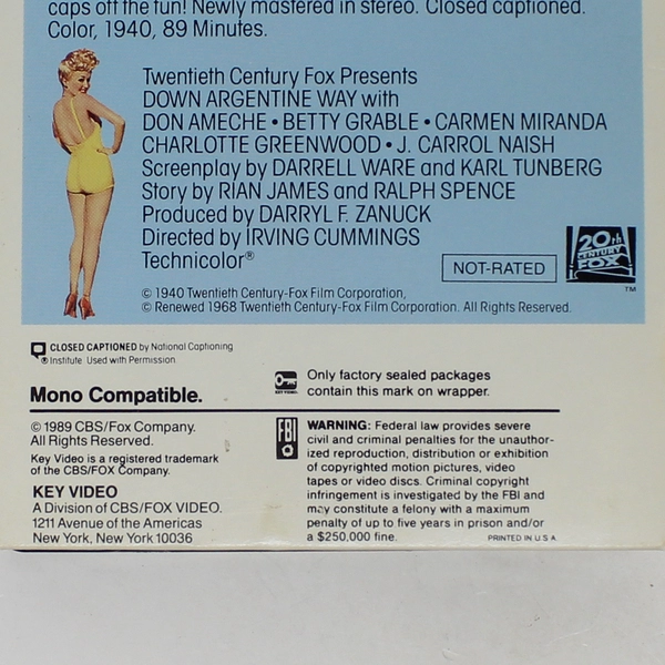 Down Argentine Way VHS 1989 Key Video Betty Grable 1940
