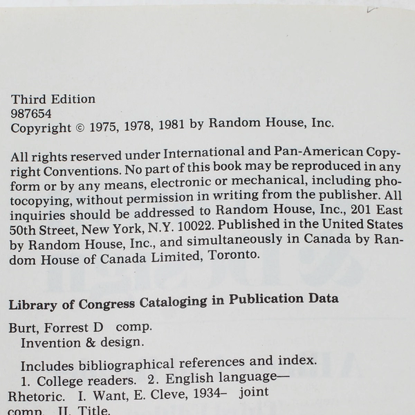 Invention & Design: A Rhetorical Reader by Burt & Want, 1981, Paperback