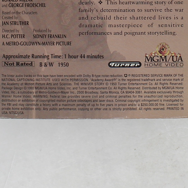 The Miniver Story VHS 1993 MGM/UA Black and White Video 1950