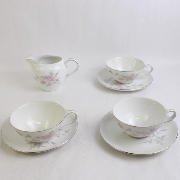 7 Piece Marietta Milady Fine China Teacups Saucers & Creamer Pink Rose Set