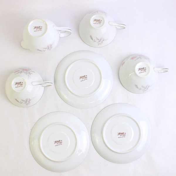 7 Piece Marietta Milady Fine China Teacups Saucers & Creamer Pink Rose Set