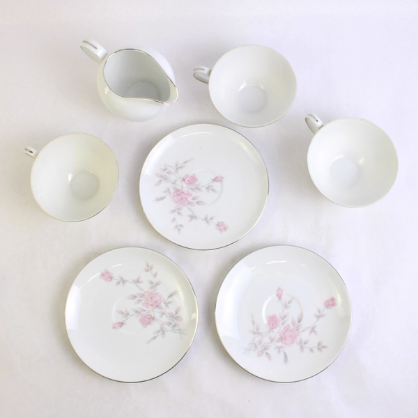 7 Piece Marietta Milady Fine China Teacups Saucers & Creamer Pink Rose Set