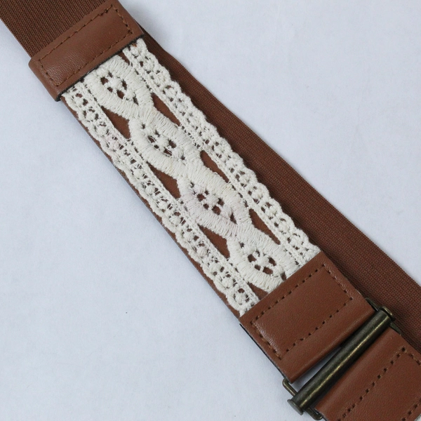 Women's Fashion Elastic Belt Size XL Embroidered Brown Off White Unbranded