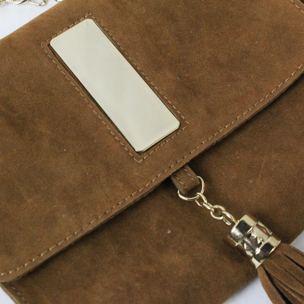 LD Luxury Divas Brown Faux Suede Crossbody Bag Purse Gold Chain