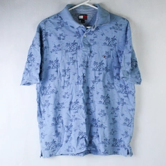Vintage Tommy Hilfiger Men's Blue Palm Tree Polo Top Shirt Size L Woven Collared