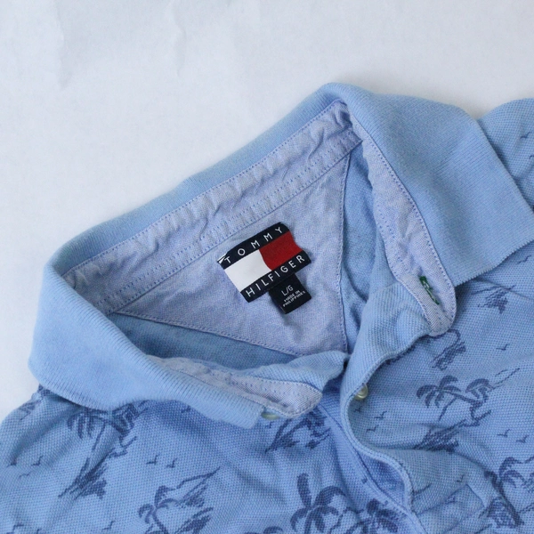 Vintage Tommy Hilfiger Men's Blue Palm Tree Polo Top Shirt Size L Woven Collared