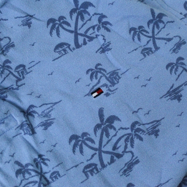 Vintage Tommy Hilfiger Men's Blue Palm Tree Polo Top Shirt Size L Woven Collared