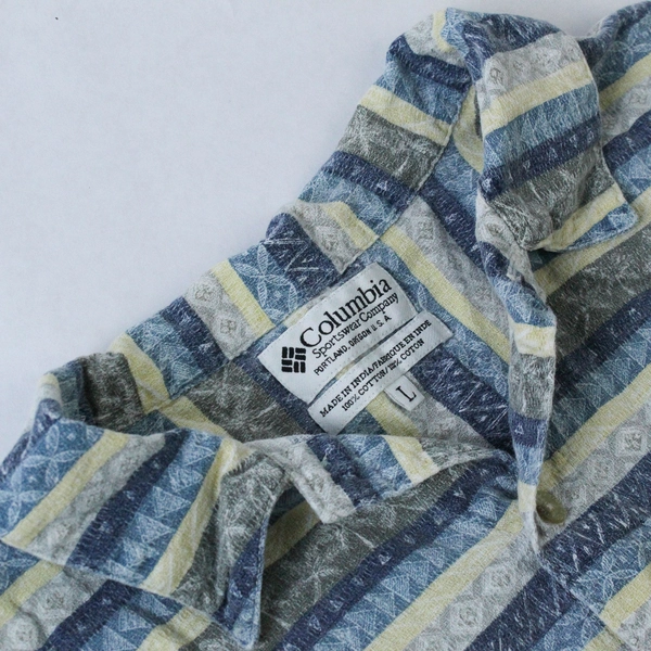 Vtg Columbia Sportswear Men's Woven Button Up Size L Tropical Blue Yellow India