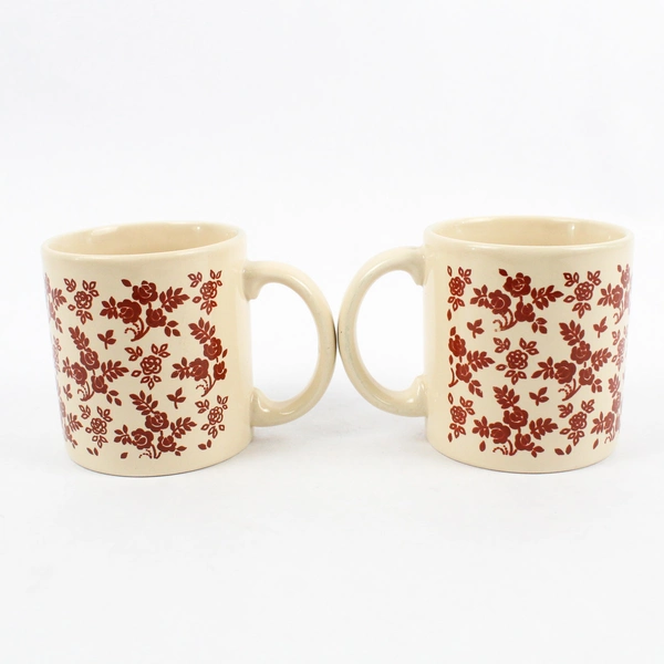Lot of 2 GHC England Red & Off White Floral Mugs 3.5" Vintage Tea Cups