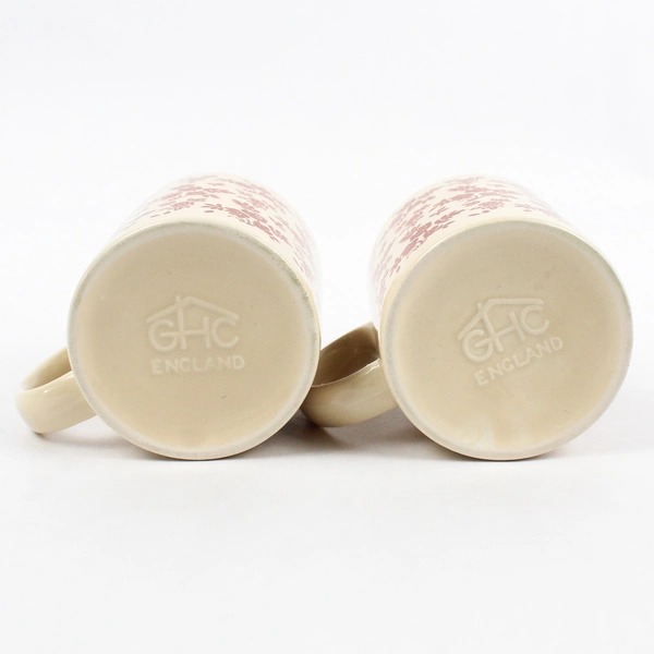 Lot of 2 GHC England Red & Off White Floral Mugs 3.5" Vintage Tea Cups