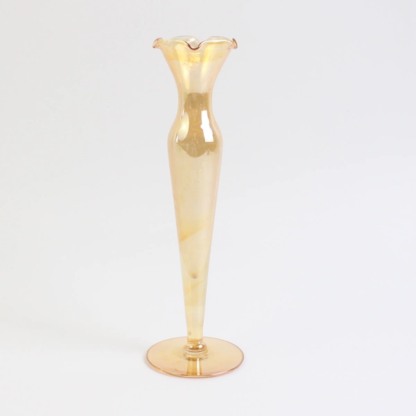 Orange Iridescent Art Glass Bud Vase 8.25" with Crimped Lip Decorative