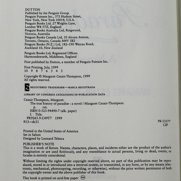 The True History of Paradise by Margaret Cezair-Thompson 1999 Hardcover