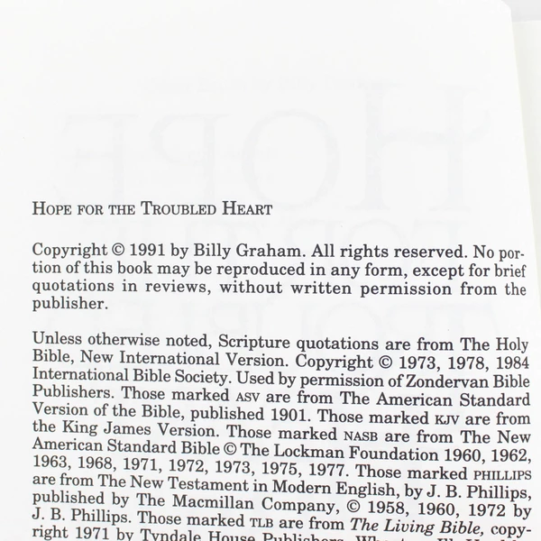 Hope for the Troubled Heart by Billy Graham 1991 Paperback
