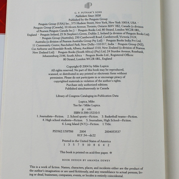 Too Far by Mike Lupica 2004 Hardcover Book in Good Condition Penguin